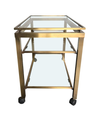 GUY LEFEVRE STYLE GILT METAL BAR TROLLEY WITH THREE GLASS SHELVES