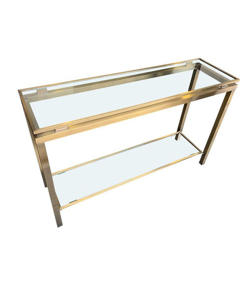 GUY LEFEVRE STYLE GILT METAL CONSOLE WITH TWO GLASS SHELVES