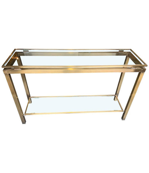 GUY LEFEVRE STYLE GILT METAL CONSOLE WITH TWO GLASS SHELVES