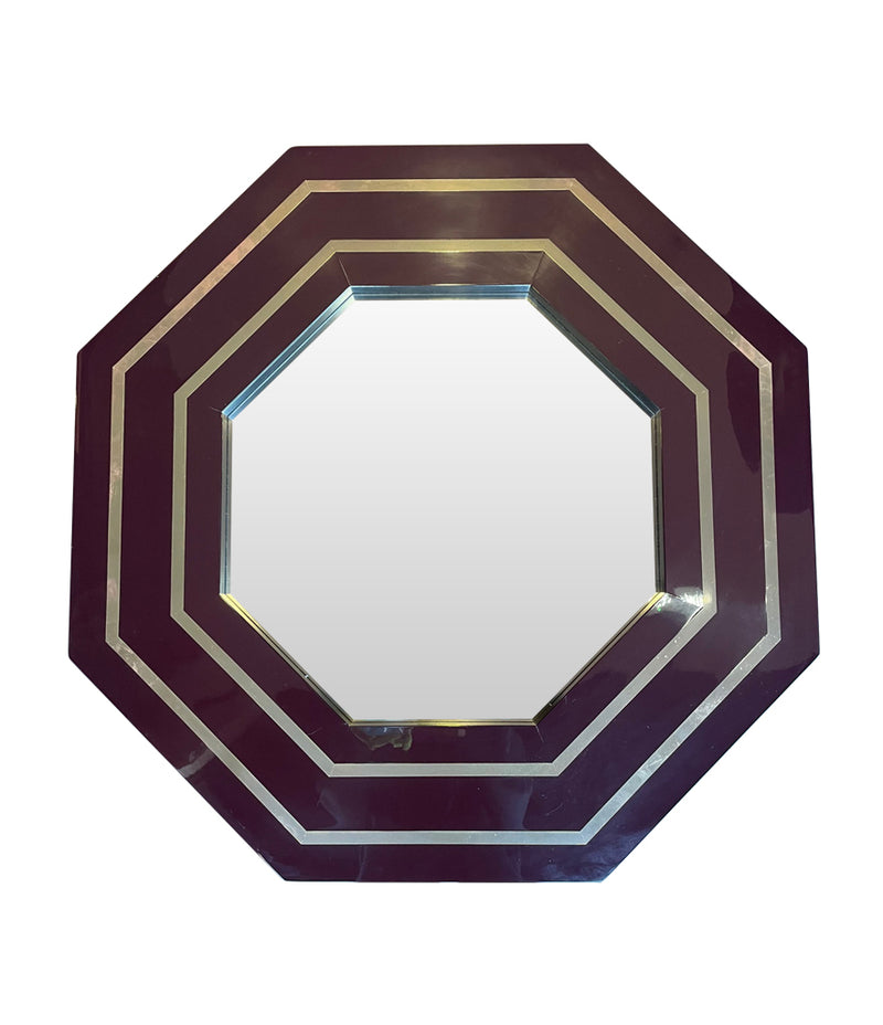 1970s Octagonal mirror by Jean Cluade Mahey with brass inlay frame in burgundy brown - Mid Century Mirrors