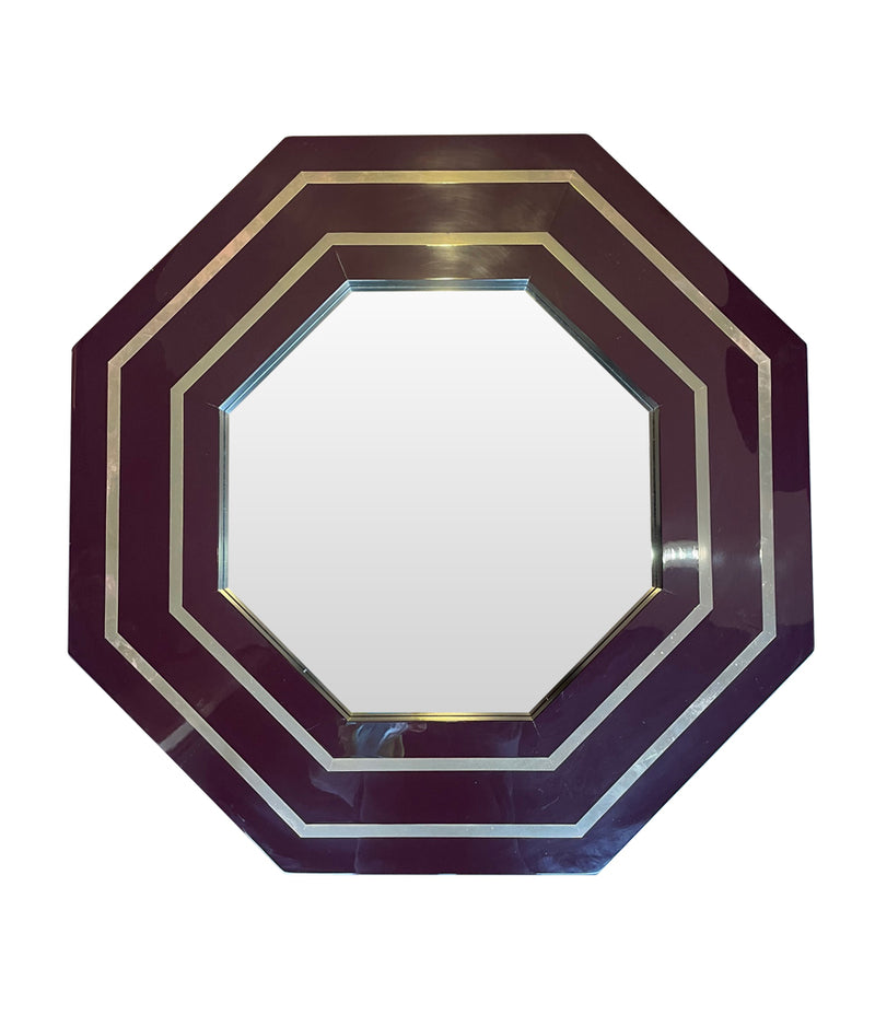 1970s Octagonal mirror by Jean Cluade Mahey with brass inlay frame in burgundy brown - Mid Century Mirrors