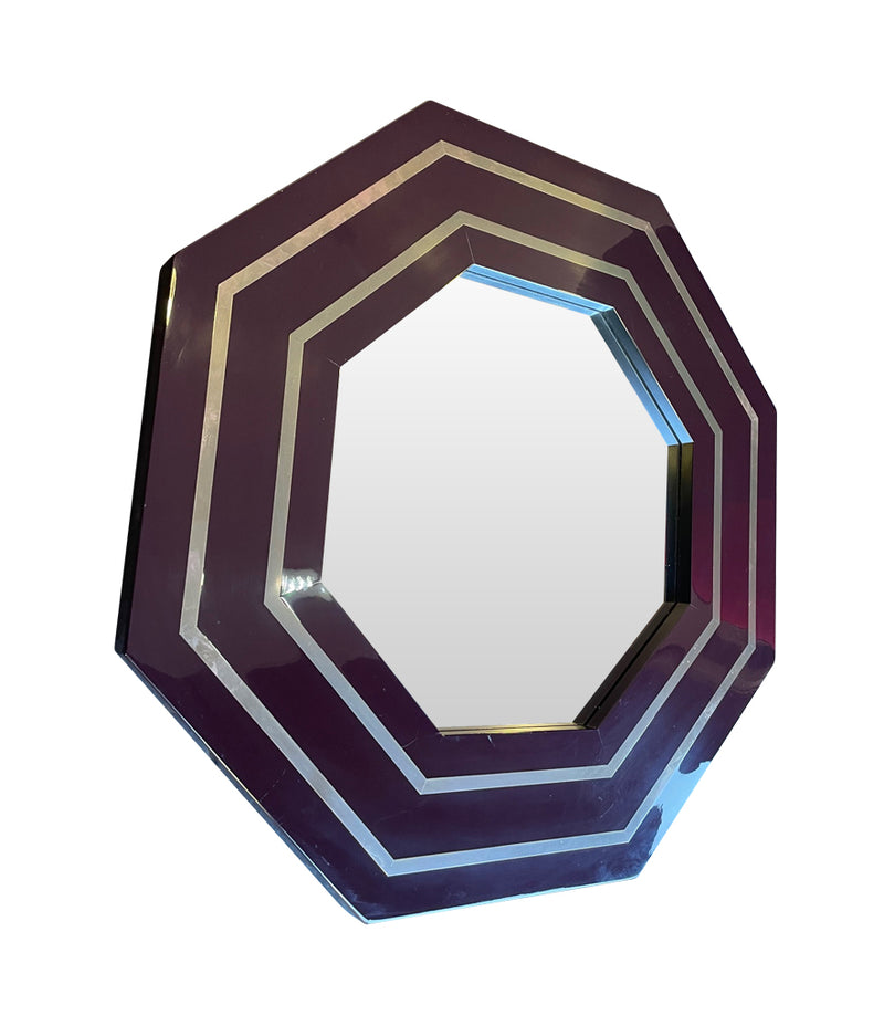 1970s Octagonal mirror by Jean Cluade Mahey with brass inlay frame in burgundy brown - Mid Century Mirrors
