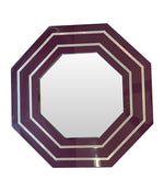 1970s Octagonal mirror by Jean Cluade Mahey with brass inlay frame in burgundy brown - Mid Century Mirrors