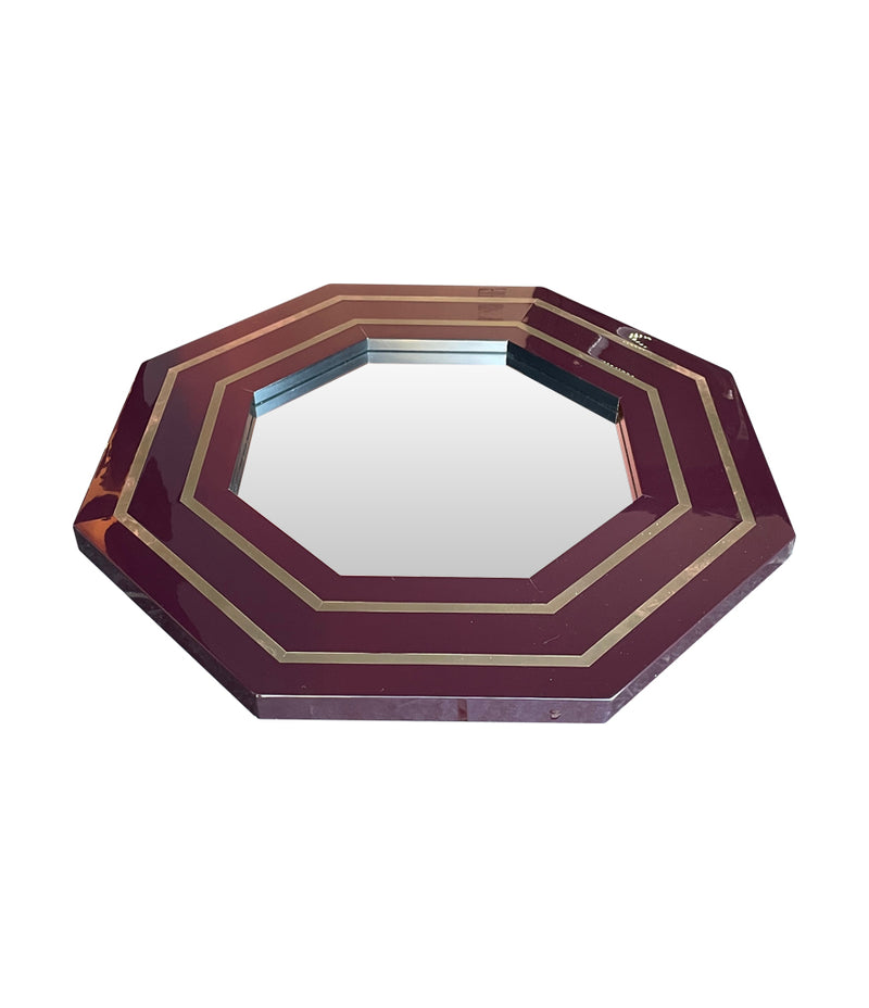1970s Octagonal mirror by Jean Cluade Mahey with brass inlay frame in burgundy brown - Mid Century Mirrors