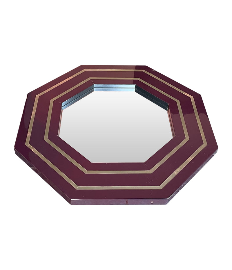 1970s Octagonal mirror by Jean Cluade Mahey with brass inlay frame in burgundy brown - Mid Century Mirrors