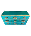 ITALIAN AQUA GREEN MIRRORED CHEST OF DRAWERS WITH BRASS CORAL SHAPED HANDLES