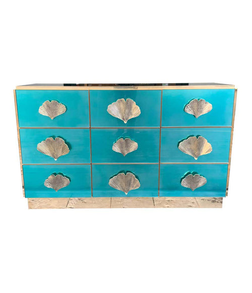 ITALIAN AQUA GREEN MIRRORED CHEST OF DRAWERS WITH BRASS CORAL SHAPED HANDLES