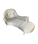 ITALIAN CHAISE LONGUE UPHOLSTERED IN CHAMPAGNE GREY FABRIC WITH BRASS FEET