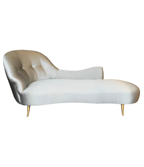 ITALIAN CHAISE LONGUE UPHOLSTERED IN CHAMPAGNE GREY FABRIC WITH BRASS FEET