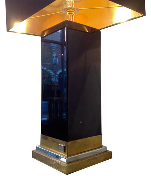 JEAN CLAUDE MAHEY BLACK LACQUER, BRASS AND CHROME LAMP