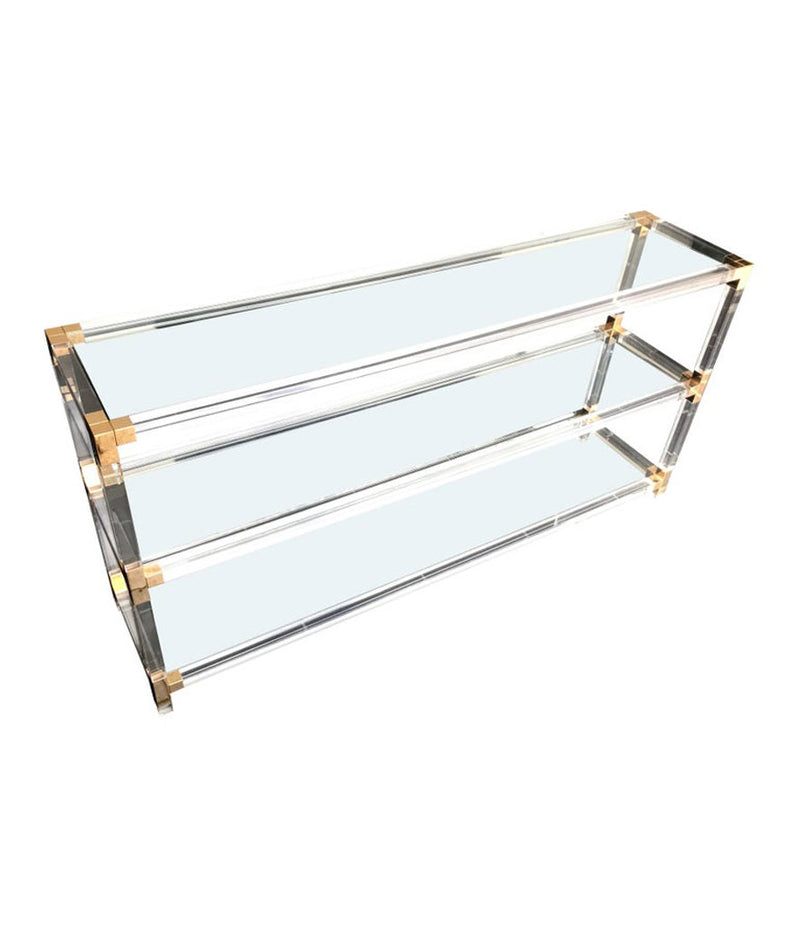 LARGE MIDCENTURY LUCITE AND GILT METAL CONSOLE TABLE WITH GLASS SHELVES