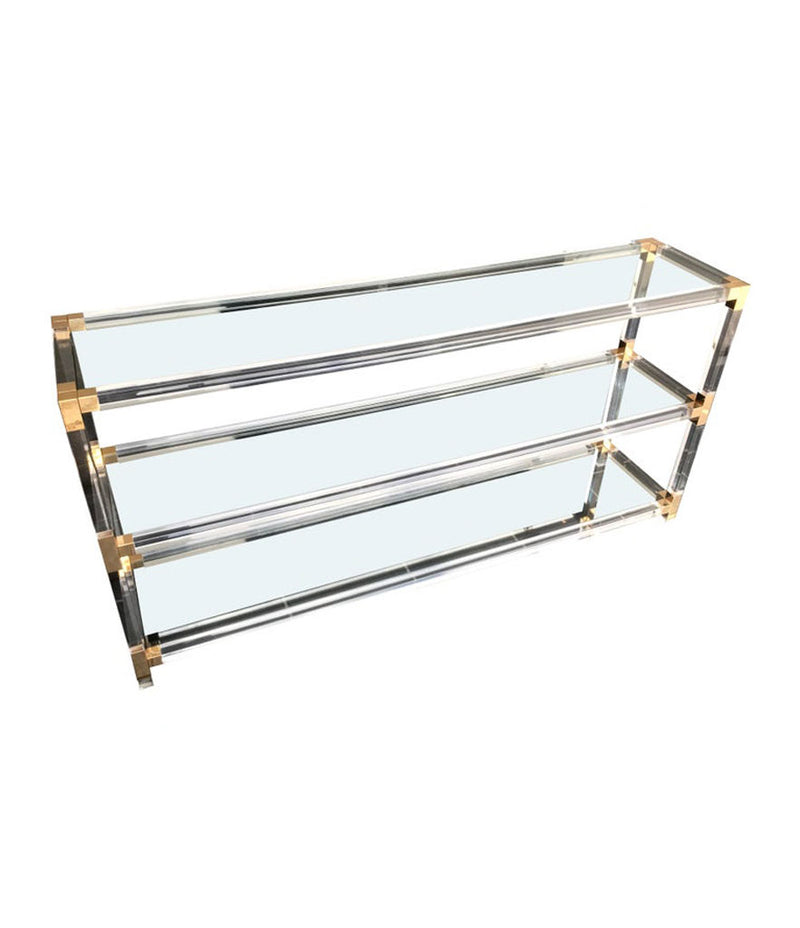 LARGE MIDCENTURY LUCITE AND GILT METAL CONSOLE TABLE WITH GLASS SHELVES