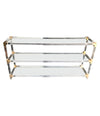 LARGE MIDCENTURY LUCITE AND GILT METAL CONSOLE TABLE WITH GLASS SHELVES