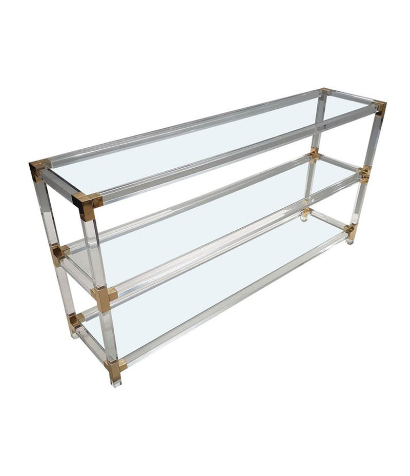 LARGE MIDCENTURY LUCITE AND GILT METAL CONSOLE TABLE WITH GLASS SHELVES