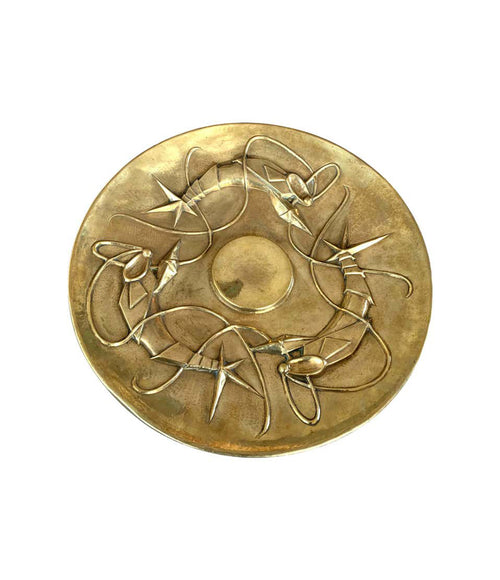 LARGE UNIQUE ART NOUVEAU BRASS CHARGER DECORATED WITH THREE STYLIZED LOBSTERS