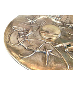 LARGE UNIQUE ART NOUVEAU BRASS CHARGER DECORATED WITH THREE STYLIZED LOBSTERS