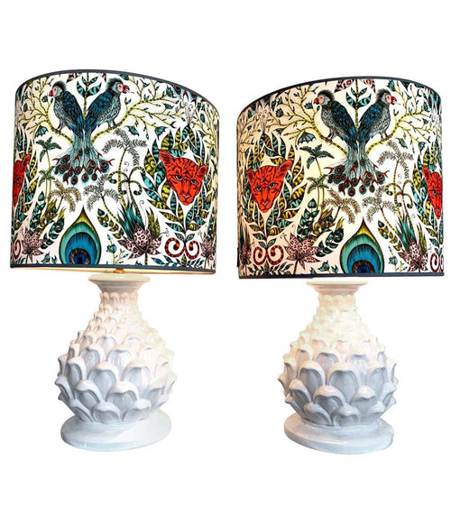 LARGE PAIR OF ITALIAN CERAMIC ARTICHOKE LAMPS WITH NEW EMMA J SHIPLEY SHADES