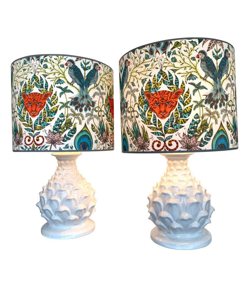 LARGE PAIR OF ITALIAN CERAMIC ARTICHOKE LAMPS WITH NEW EMMA J SHIPLEY SHADES