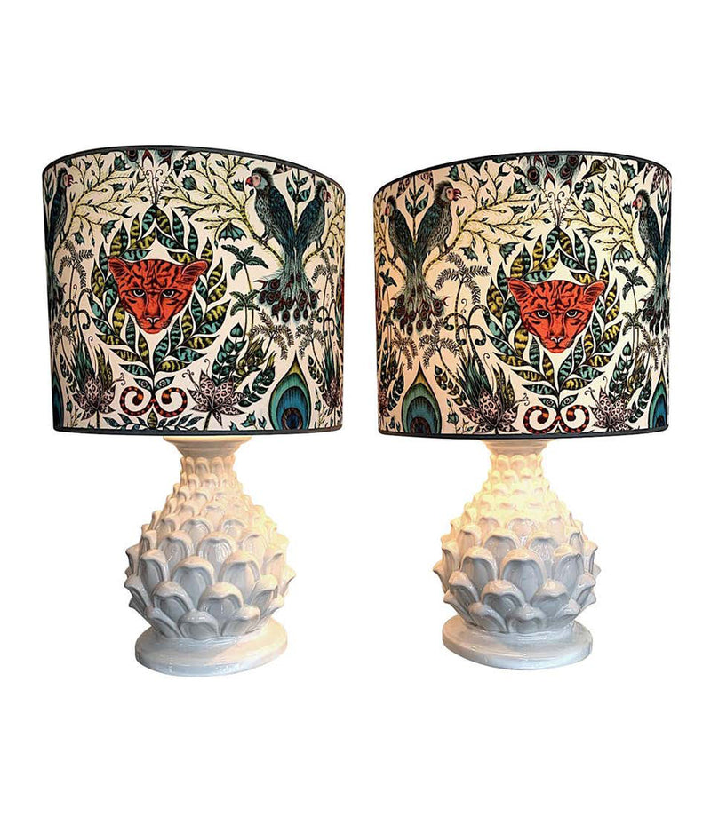 LARGE PAIR OF ITALIAN CERAMIC ARTICHOKE LAMPS WITH NEW EMMA J SHIPLEY SHADES