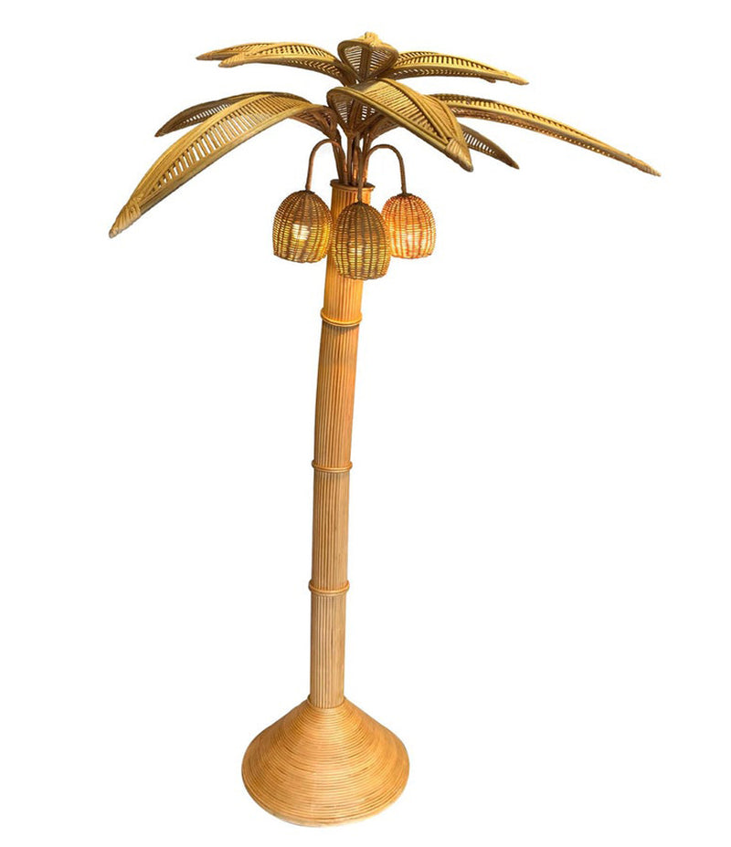 LARGE RATTAN PALM TREE FLOOR LIGHT, WITH THREE BULBS IN THE COCONUTS