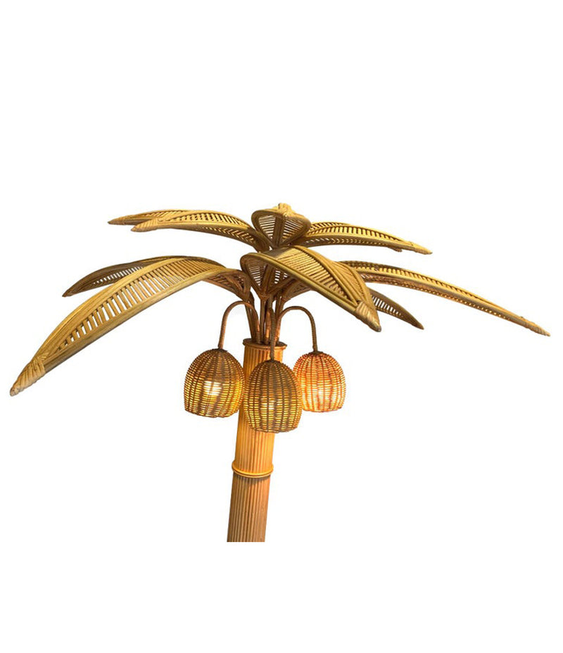 LARGE RATTAN AND BAMBOO PALM TREE FLOOR LIGHT, WITH THREE BULBS IN THE COCONUTS