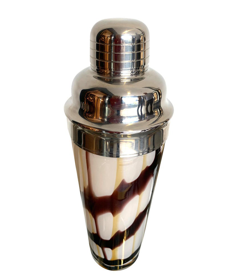 LOVELY MURANO GLASS COCKTAIL SHAKER WITH CHROME SIEVE AND LID TOP