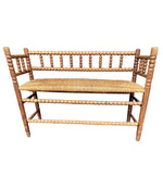 LOVELY 1890S ENGLISH OAK AND ELM BOBBIN BENCH SEAT WITH RUSH WOVEN SEAT