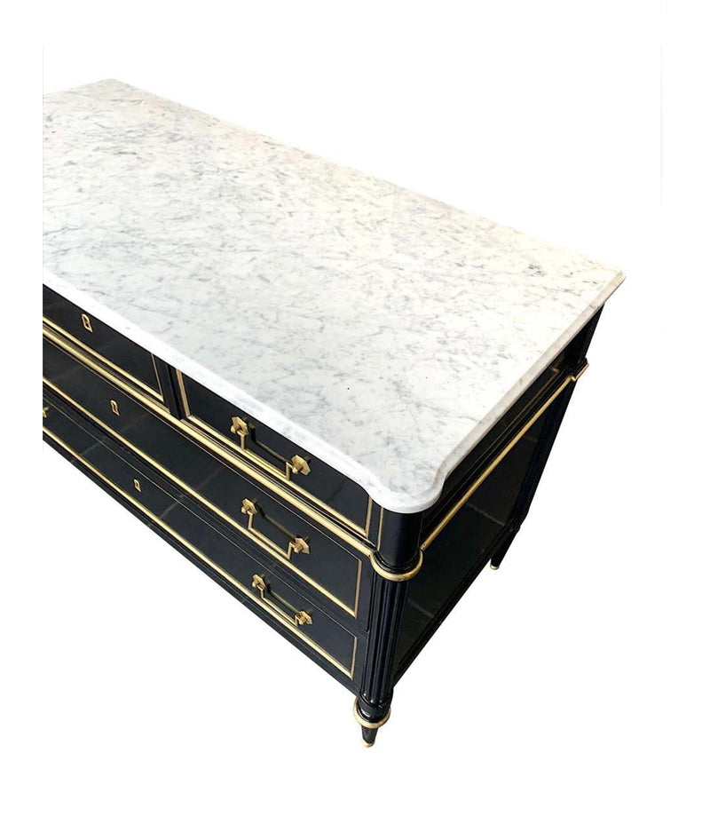 LOVELY ANTIQUE FRENCH LOUIS XVI STYLE EBONISED COMMODE WITH CARRARA MARBLE TOP