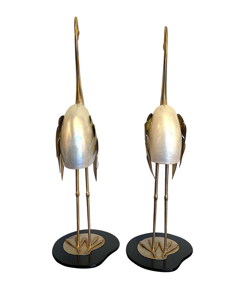 LOVELY PAIR OF 1970S BRASS AND REAL NAUTILUS SHELL FLAMINGOS BY ANTONIO PAVIA