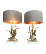 LOVELY PAIR OF 1970S BRASS FLYING DUCK LAMPS ON TRAVERTINE BASES BY L. GALEOTTI