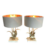 LOVELY PAIR OF 1970S BRASS FLYING DUCK LAMPS ON TRAVERTINE BASES BY L. GALEOTTI