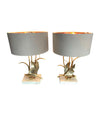 LOVELY PAIR OF 1970S BRASS FLYING DUCK LAMPS ON TRAVERTINE BASES BY L. GALEOTTI