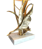 LOVELY PAIR OF 1970S BRASS FLYING DUCK LAMPS ON TRAVERTINE BASES BY L. GALEOTTI