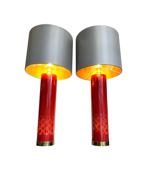 LOVELY PAIR OF SWEDISH RED CERAMIC LAMPS BRASS FITTINGS AND NEW BESPOKE SHADES