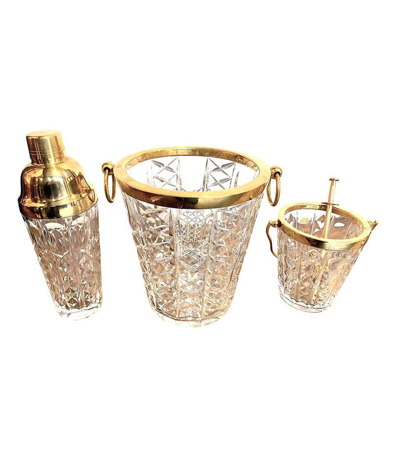 LOVELY RARE 1960S VAL ST LAMBERT CRYSTAL AND GOLD-PLATED COCKTAIL SET