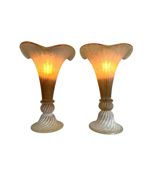 LOVELY PAIR OF FLUTED MURANO GLASS LAMPS WITH MOTTLED, RIBBED FINISH