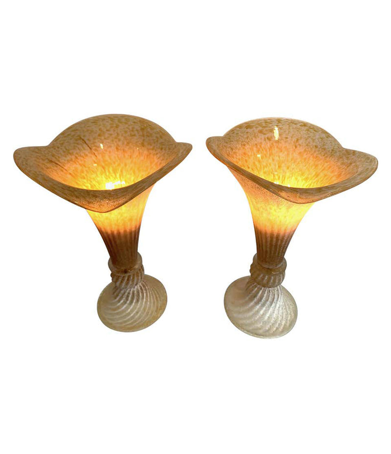 LOVELY PAIR OF FLUTED MURANO GLASS LAMPS WITH MOTTLED, RIBBED FINISH