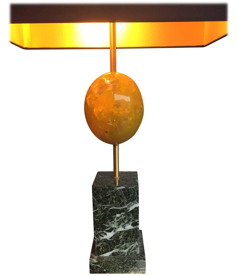 MAISON CHARLES YELLOW RESIN EGG LAMP ON MARBLE BASE