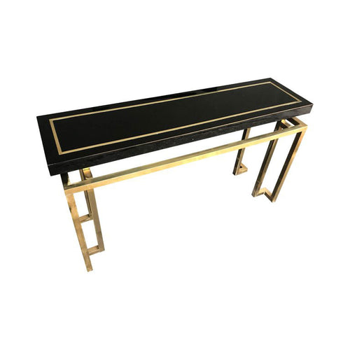 MAISON JANSEN STYLE BRASS AND BLACK LUCITE CONSOLE TABLE