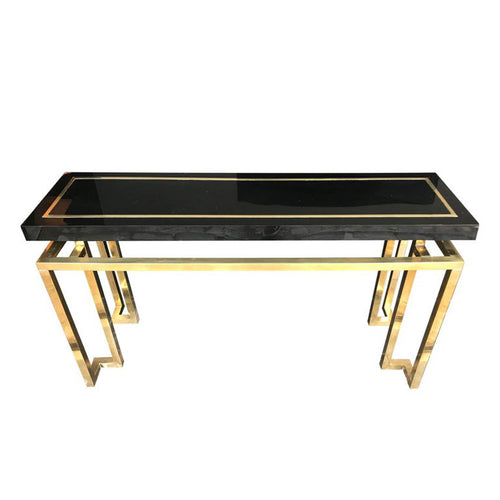 MAISON JANSEN STYLE BRASS AND BLACK LUCITE CONSOLE TABLE