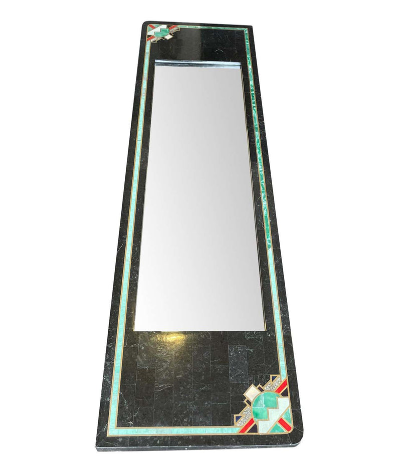 MAITLAND SMITH ART DECO STYLE TESSELLATED MARBLE MIRROR WITH BRASS INLAY
