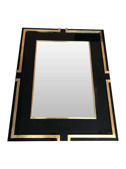 MAISON JANSEN STYLE BLACK LUCITE MIRROR WITH BRASS DETAIL