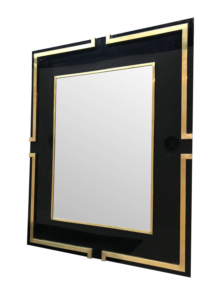 MAISON JANSEN STYLE BLACK LUCITE MIRROR WITH BRASS DETAIL