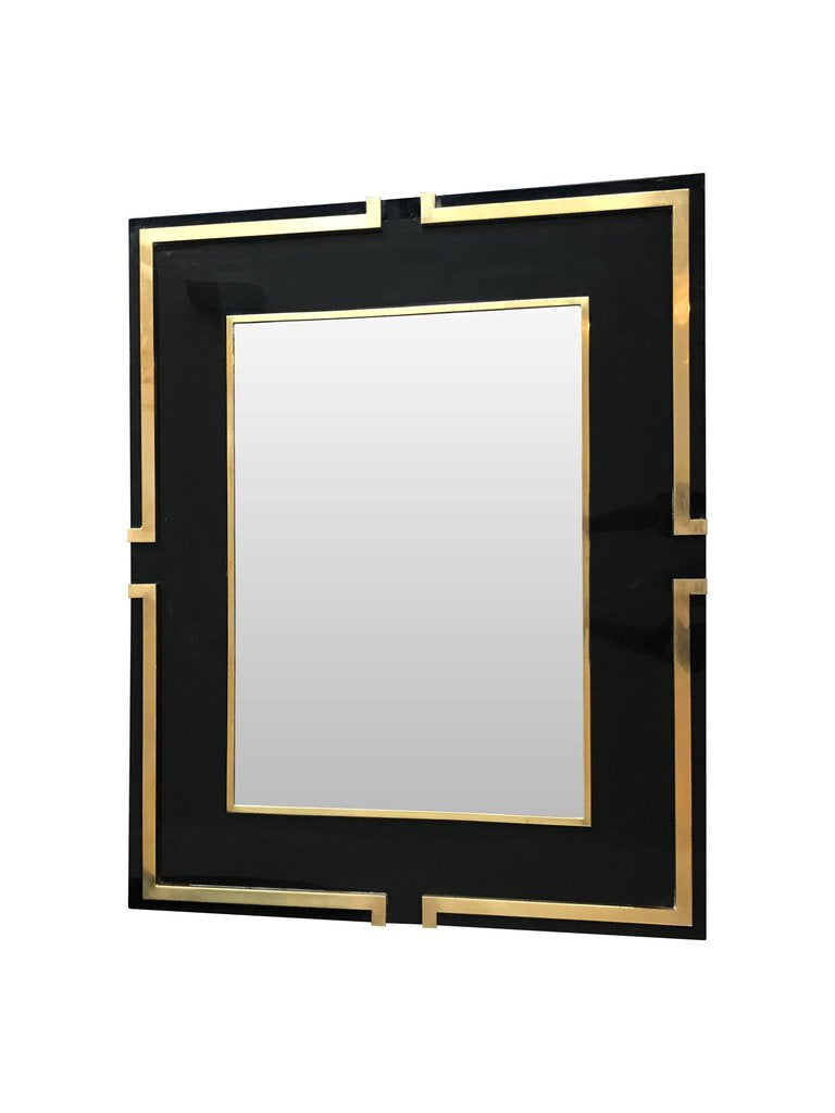 MAISON JANSEN STYLE BLACK LUCITE MIRROR WITH BRASS DETAIL
