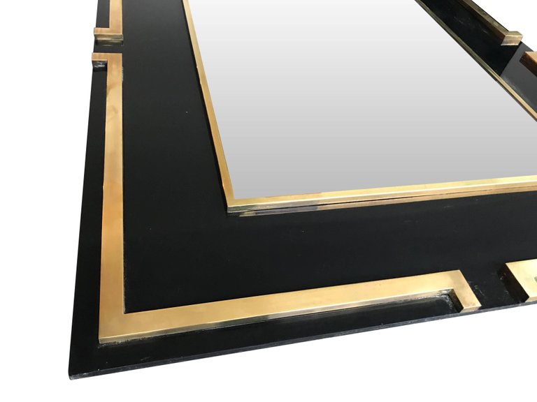 MAISON JANSEN STYLE BLACK LUCITE MIRROR WITH BRASS DETAIL