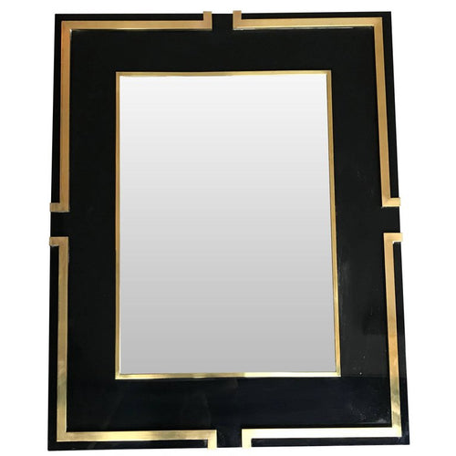 MAISON JANSEN STYLE BLACK LUCITE MIRROR WITH BRASS DETAIL