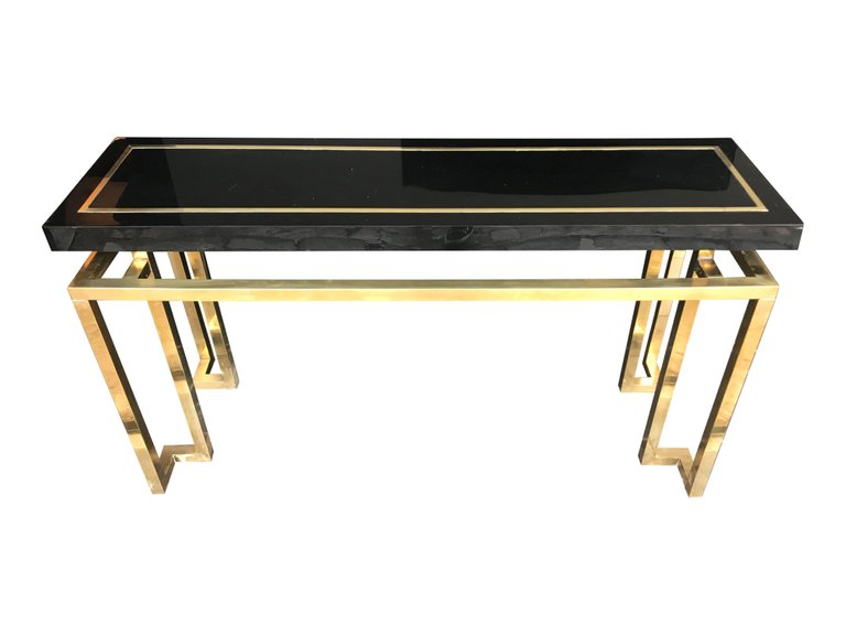 MAISON JANSEN STYLE BLACK LUCITE MIRROR WITH BRASS DETAIL