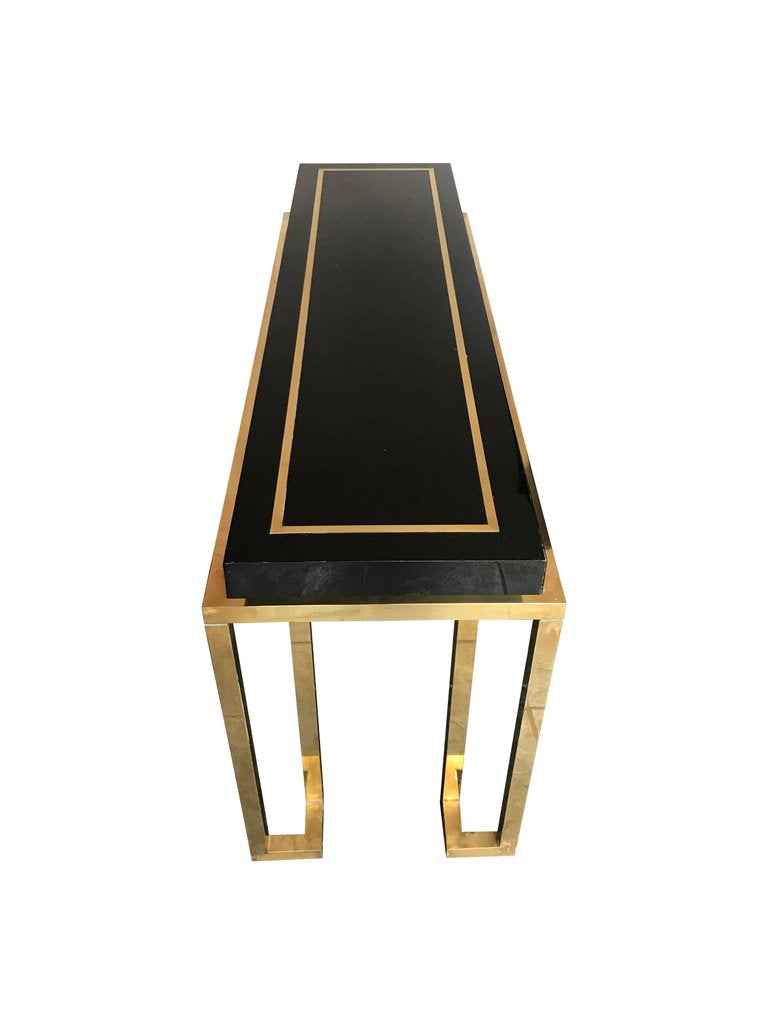 MAISON JANSEN STYLE BLACK LUCITE MIRROR WITH BRASS DETAIL