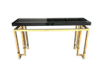 MAISON JANSEN STYLE BLACK LUCITE MIRROR WITH BRASS DETAIL