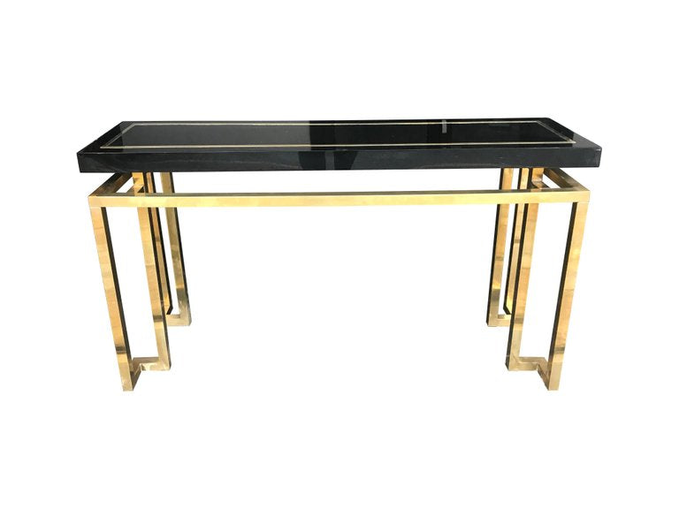 MAISON JANSEN STYLE BLACK LUCITE MIRROR WITH BRASS DETAIL